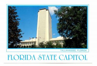 Tallahassee Florida Postcard State Capitol Building Flags Observation Deck Trees