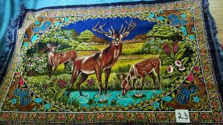 Vtg Velvet Deer Tapestry Wall Hanging Rug Stag Fawn Cabin,  Camp,  Man Cave
