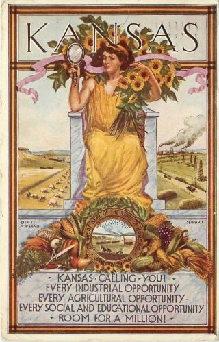 C1911 Postcard Kansas Calling You Every Opportunity Woman On Throne W Sunflowers