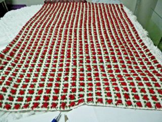 Vintage Plump Red Rosebuds Chenille Bedspread Quilt Craft Fabric A 1475