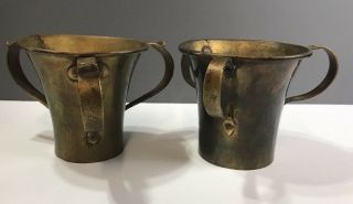 Vintage Brass Ceremonial Antique Hand Forged 3 Handle Metal Vases Pair Baboa