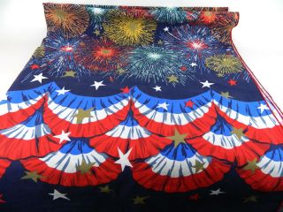 Vintage Patriotic Usa Red White Blue Fireworks Cotton Cnavas Tablecloth 60 X 100