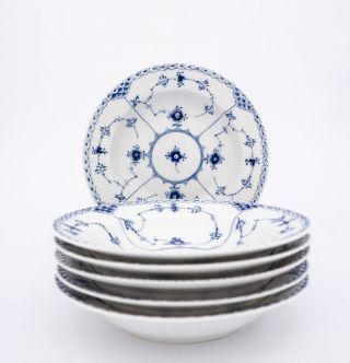 6 Deep Plates 566 - Blue Fluted - Royal Copenhagen - Half Lace - 1:st Quality