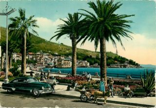 Italy Rapallo Sea Shore Classic Car Oldtimer Donkey Cart Semi Modern Postcard