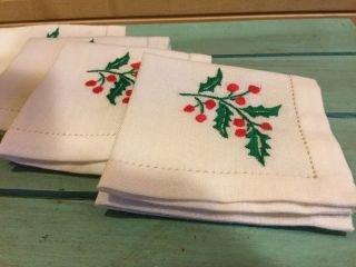 Vintage Linen Hand Embroidered Cocktail Napkins,  Holly Christmas,  Set Of 6