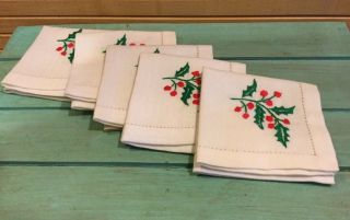 Vintage Linen Hand Embroidered Cocktail Napkins,  Holly Christmas,  Set Of 6 2