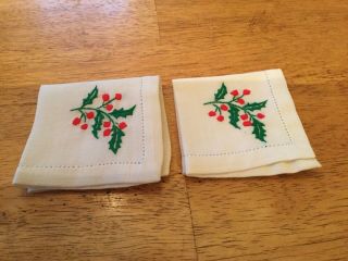 Vintage Linen Hand Embroidered Cocktail Napkins,  Holly Christmas,  Set Of 6 4