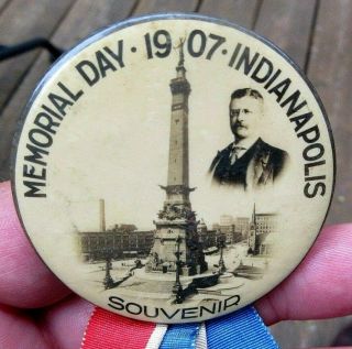 1907 TEDDY ROOSEVELT MEMORIAL DAY,  INDIANAPOLIS,  IN SOUVENIR CELLULOID PINBACK 2
