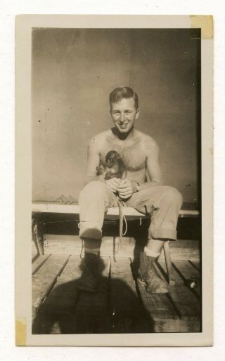 17 Vintage Photo Shirtless Affectionate Soldier Boy Man W/ Monkey Snapshot Gay