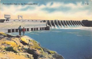 Vtg Linen Postcard Fort Loudon Dam Tennessee River Locks Police Man Woman Tn B24