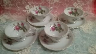 Set Of " 4 " Moss Rose Demitasse Tea Cups & Saucers