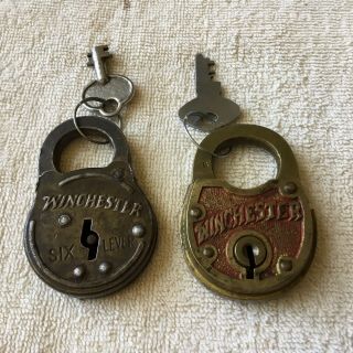 Two Authentic Antique Winchester Padlocks W Keys One Steel One Brass