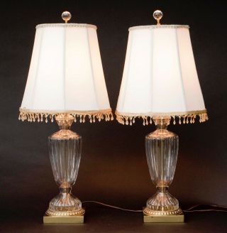 Heavy Crystal Cut Glass And Brass Clear Table Lamps