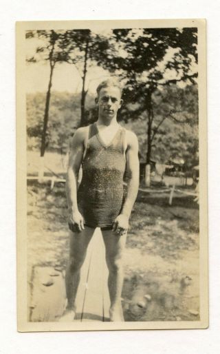 7 Vintage Photo Swimsuit Soldier Boy Man In Lake Snapshot Gay