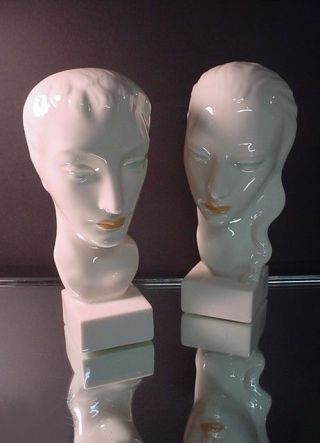 Scarce Lenox China Art Deco Pr.  Man & Woman Sculptural Busts W/green Wreath Mark