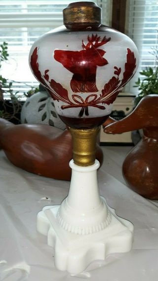 Boston Sandwich Glass Overlay White To Cranberry Oil Lamp - Stag Deer