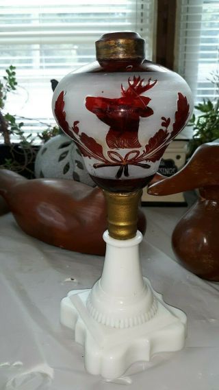 Boston Sandwich Glass Overlay White to Cranberry Oil Lamp - Stag Deer 2