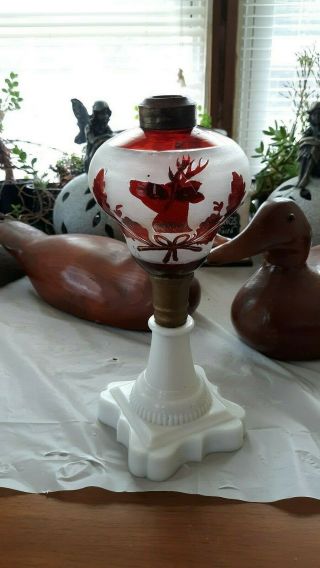 Boston Sandwich Glass Overlay White to Cranberry Oil Lamp - Stag Deer 8