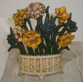 Antique Hubley Cast Iron Narcissus Flowers In Striped Pot Doorstop 1940s