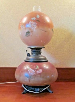 Vintage Gone With The Wind Hurricane Lamp Hand Painted Flowers 3 Way