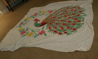 Lovely Vintage Peacock Chenille Bedspread Double Full