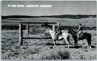 1950s Glendevey,  Colorado Rppc Real Photo Postcard " Ut Bar Ranch " Cowboys / Sign