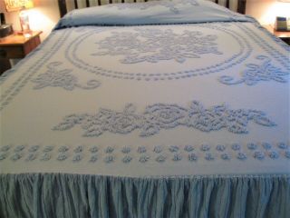 Vintage Look Light Blue Cotton Chenille Bedspread Queen Size Heavyweight Vgc