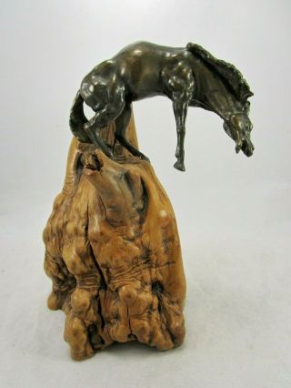 Antique Solid Bronze Wild Mustang Horse Sculpture On Natural Burl Wood Stand