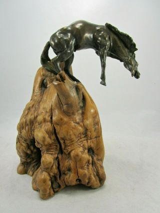 Antique Solid Bronze Wild Mustang Horse Sculpture on Natural Burl Wood Stand 3