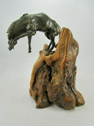 Antique Solid Bronze Wild Mustang Horse Sculpture on Natural Burl Wood Stand 4
