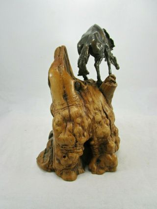 Antique Solid Bronze Wild Mustang Horse Sculpture on Natural Burl Wood Stand 5
