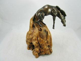 Antique Solid Bronze Wild Mustang Horse Sculpture on Natural Burl Wood Stand 7