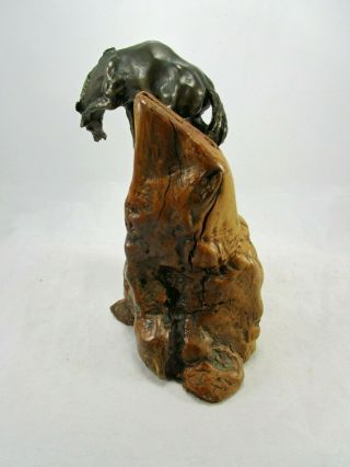 Antique Solid Bronze Wild Mustang Horse Sculpture on Natural Burl Wood Stand 8
