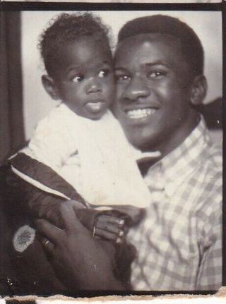 Vintage Photo Booth - Happy African - American Dad W/wide - Eyed Toddler,  Tongue Out
