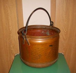 Vintage Hand Hammered Solid Copper Bucket Pail With Black Iron Rivit Handle