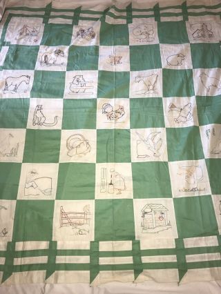Vtg Hand Embroidered Farm Quilt Top 69 " X 69 " Barn,  Animals