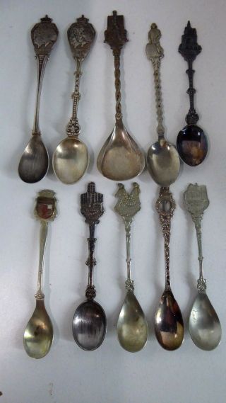 10 Vintage Silver Plate & 90 Silver Collectors Spoons European Souvenir Ornate