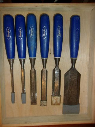 Vintage Set Of 6 Marples Blue Chip Chisel Set Record Tools Storage Box 2 "
