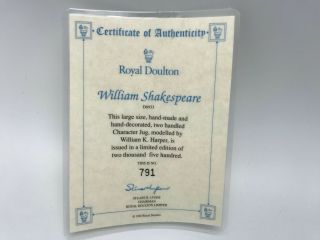 ROYAL DOULTON - William Shakespeare Large Character Jug D6933 - 791/2500 - RARE 6