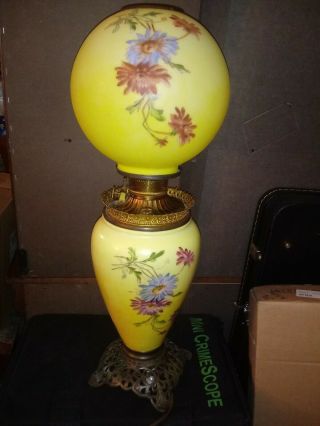 Tall Antique Table Lamp Oil / Kerosene Converted To Electric Hand Painted.