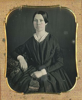 Pretty Young Woman Holding Beaded Purse Tinted Face 1/6 Plate Daguerreotype E668