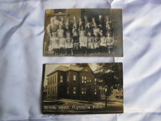 2 1910 Postmarked Rppc Plymouth Michigan School House & Teacher W/ Class