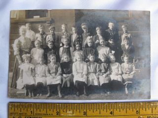 2 1910 POSTMARKED RPPC PLYMOUTH MICHIGAN SCHOOL HOUSE & TEACHER w/ CLASS 2