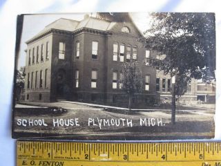 2 1910 POSTMARKED RPPC PLYMOUTH MICHIGAN SCHOOL HOUSE & TEACHER w/ CLASS 4