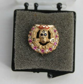 Delta Sigma Pi Fraternity Pin Badge 10k Gold Amethysts Rubies Pearls Greek