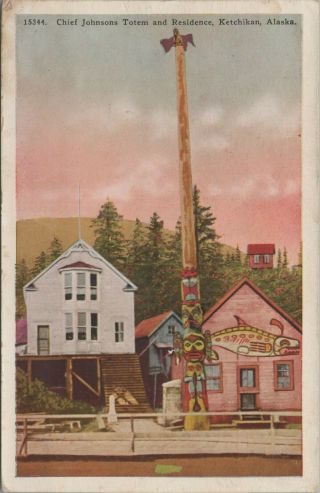 (m632) Vintage Color Postcard,  Chief Johnsons Totem Residence,  Ketchikan Alaska