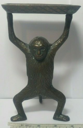 Vintage Brass Monkey Holding Tray Business Card Holder / Small Trinket Stand