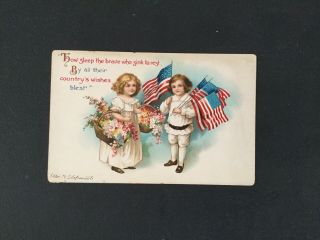 Vintage Patriotic Postcard - Ellen Clapsaddle,  Boy/girl With American Flags