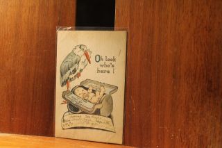 Antique Postcard 1913 Birth Announcement Stork Baby Oh Look Who 