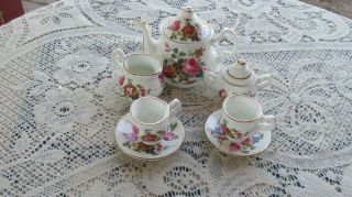 Miniature Tea Set Blue Waters England Pink Floral Teapot,  Creamer,  Sugar 2 Cups Sa